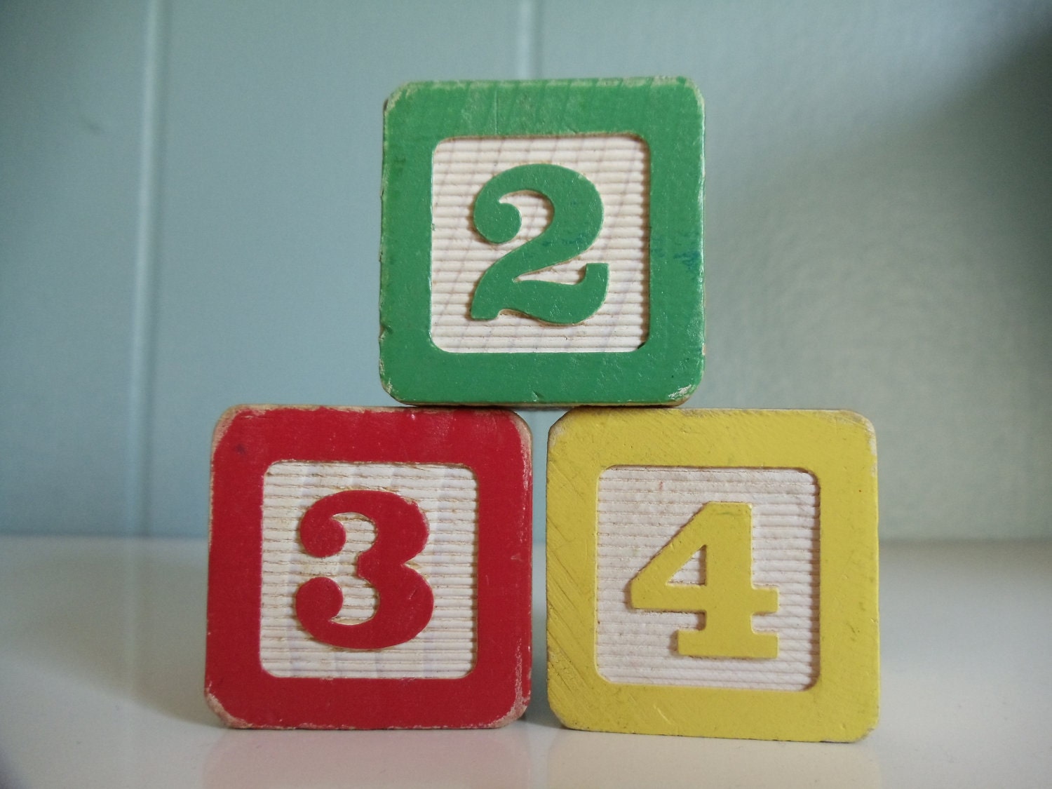 Vintage 1986 Set of Three Wooden Numbers Blocks