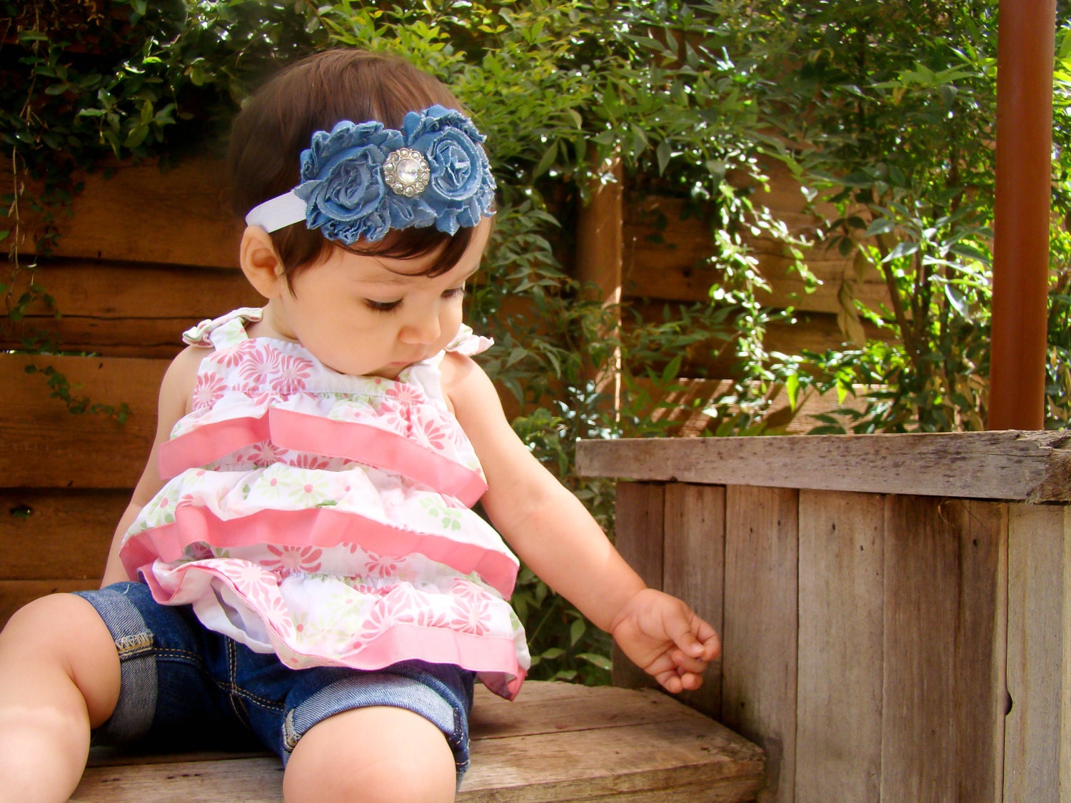 20% off entire order...Denim rosette rhinestone flower on white headband, baby headbands, newborn headbands, infant, toddler, adult