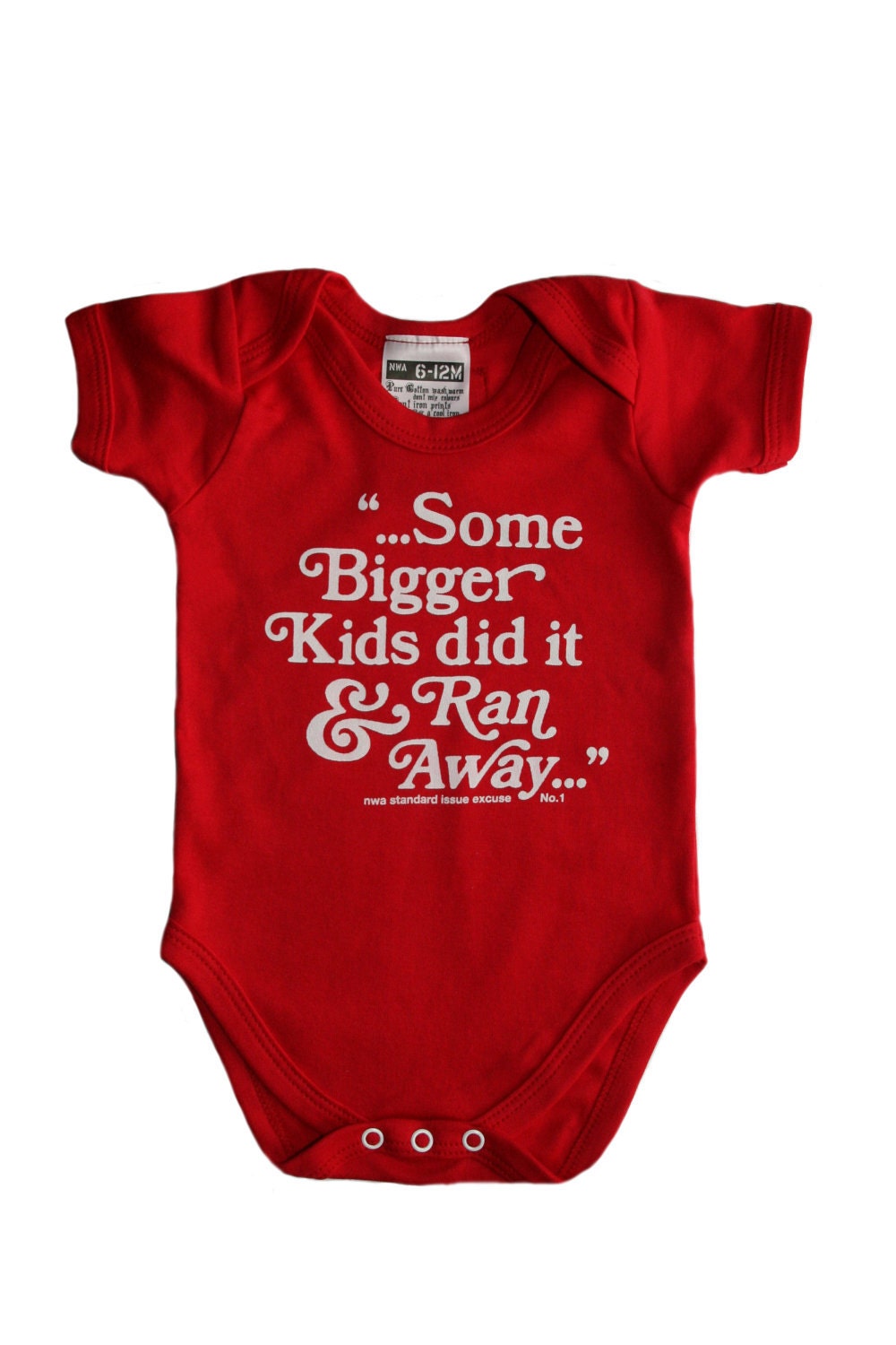Some Bigger Kids Did It & Ran Away Red Babygrow (onesie)  0-6 OR 6-12 months