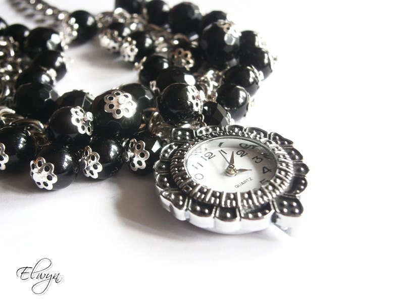 Watch Bracelet - Black, Charm, Gothic, Chain, Glass, Cluster