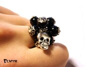 Black Skull Ring, Gothic, Cluster, Charm, Oversized, Pearl, Bouquet