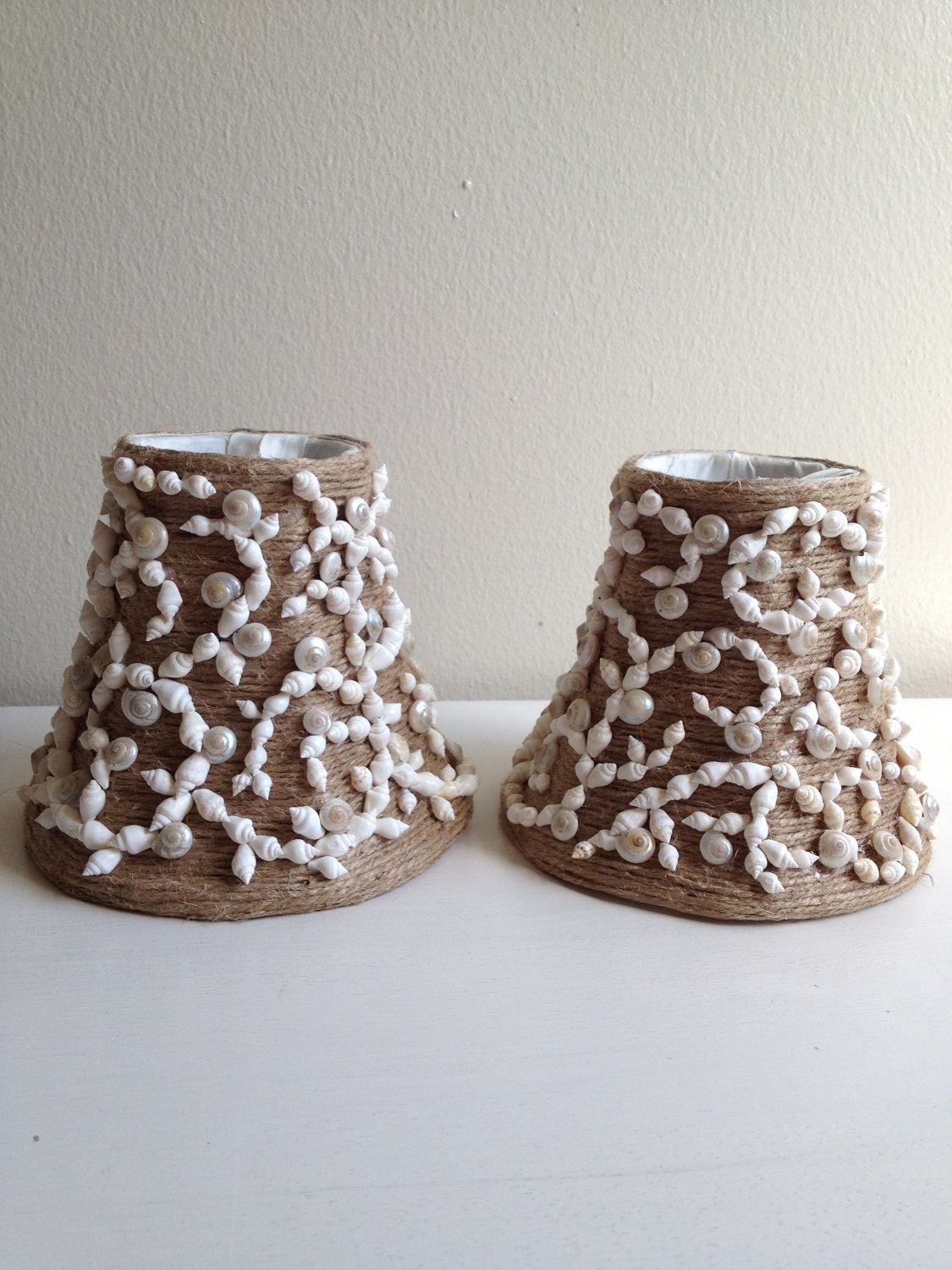 Jute Wrapped Candlestick Lampshades with White Dove Shells and Pearly Umbonium
