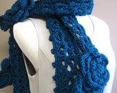 Wool Crochet Scarf with Flower Appliques - Dark Teal