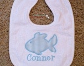 Custom boutique personalized monogrammed appliqued embroidered seersucker fish applique terry cloth bib boys girls kids childrens