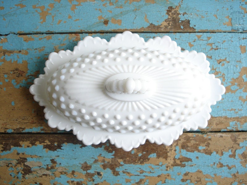 Vintage Fenton Milk Glass Hobnail Butter Dish