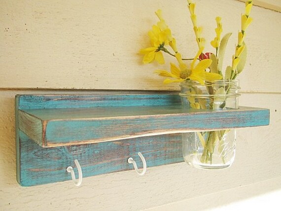 Distressed wood Keyholder / Shelf, home decor, shabby chic decor, turquoise,  shelves