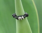 Black leather ring with 3 silver beads - made to order