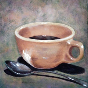 Coffee Cup & Spoon Acrylic Painting, 8x8 Art Print of 'Good Morning Sunshine' Still life by Vickie Sue Cheek