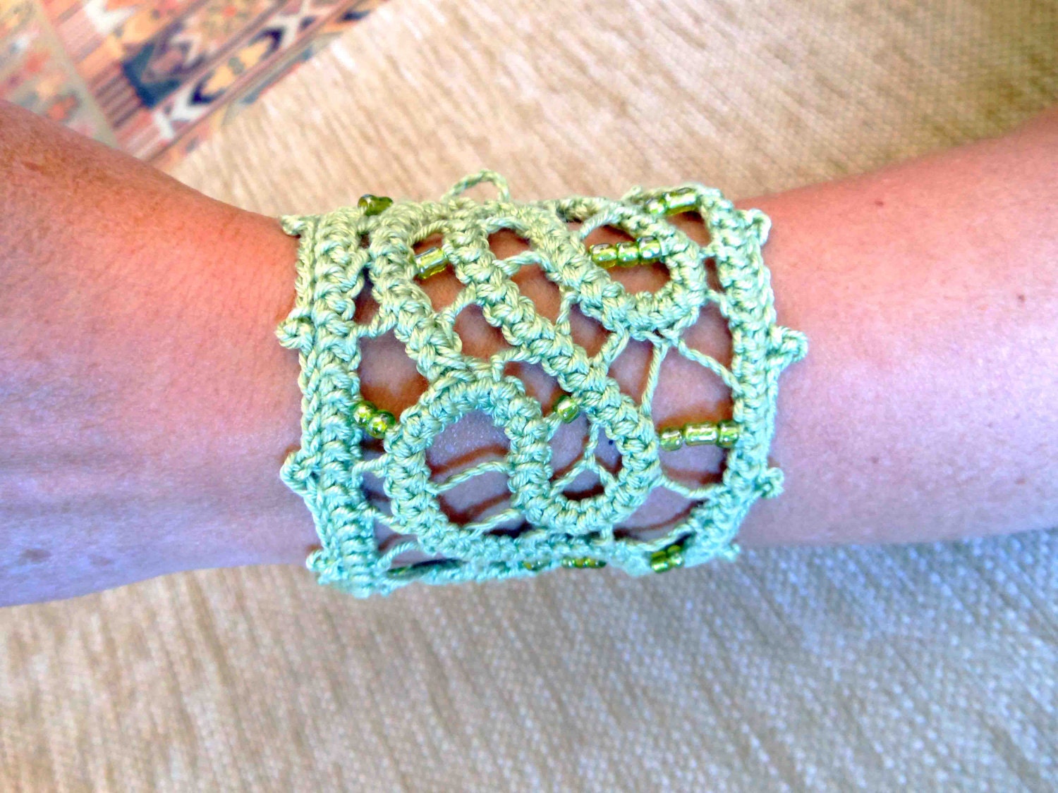 Light Green  Romanian Point Lace   Cuff   with beads. Ooak,  Free shipping.