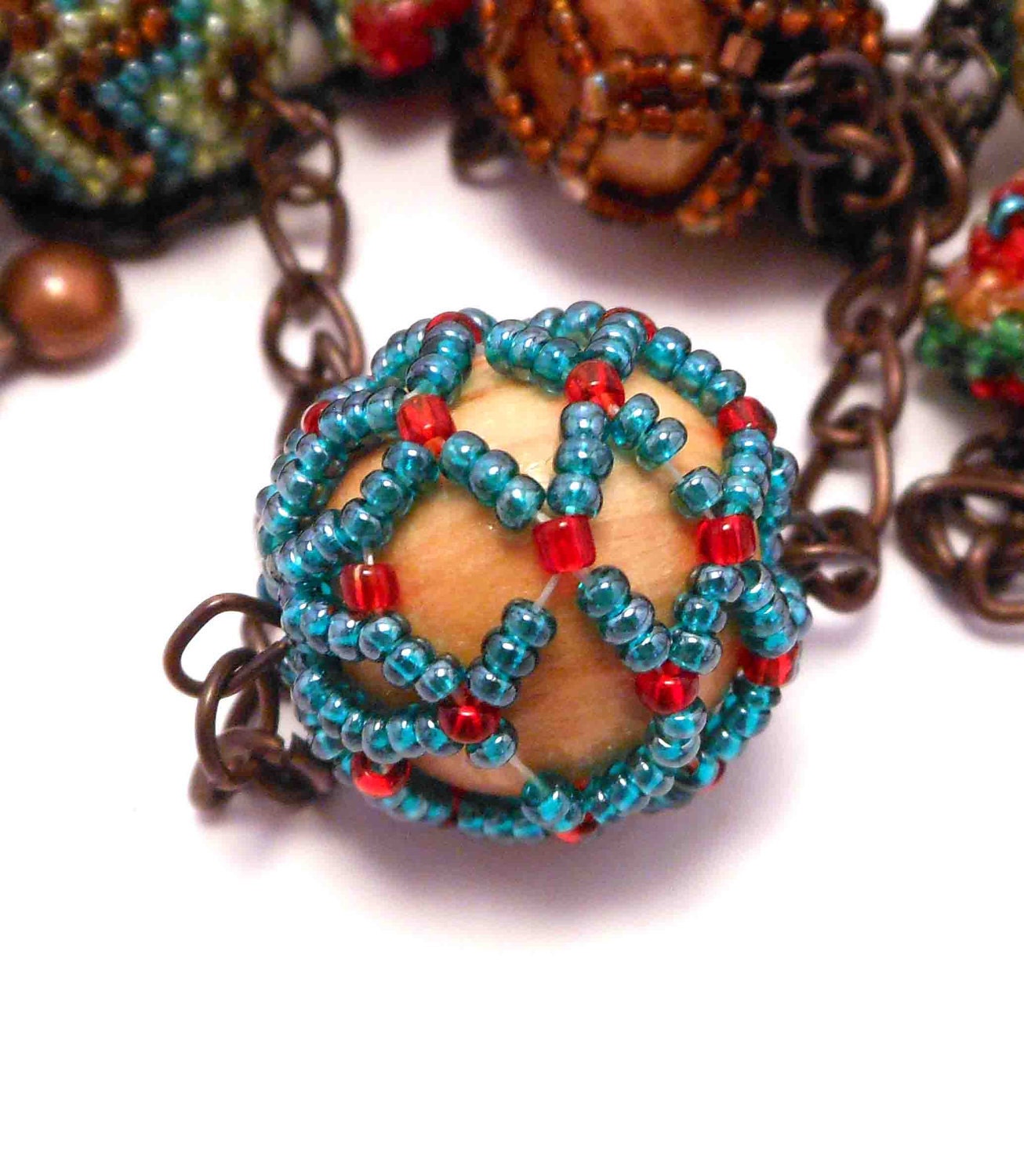 Beaded & Chain Necklace, Blue, Red, Green, Bead on Bead, Free shipping