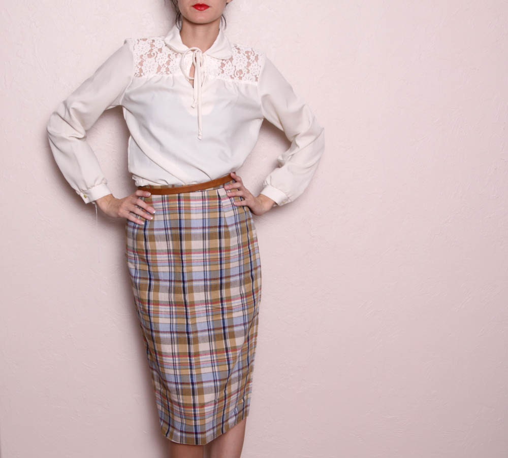 Pencil Skirt Vintage Plaid High Waisted Pencil Skirt by vintagespins on Etsy