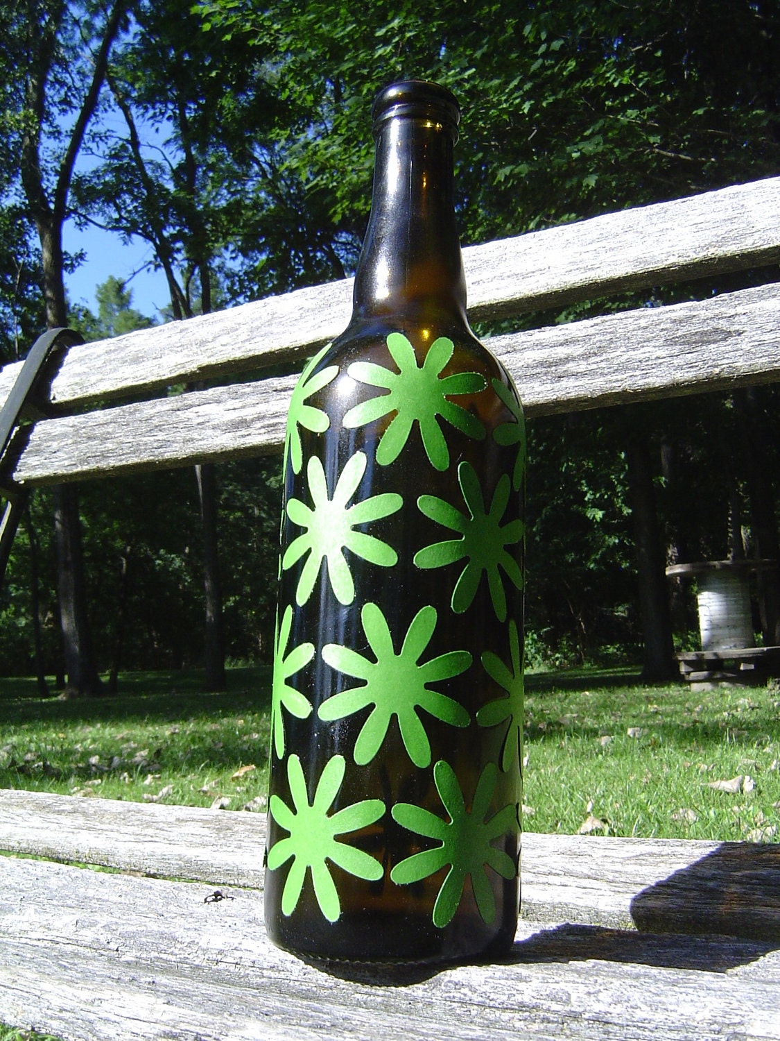 Upcycled Wine Bottle Vase, with Green Flowers. Makes a Wonderful Gift or Home Decoration. Special Orders Welcome