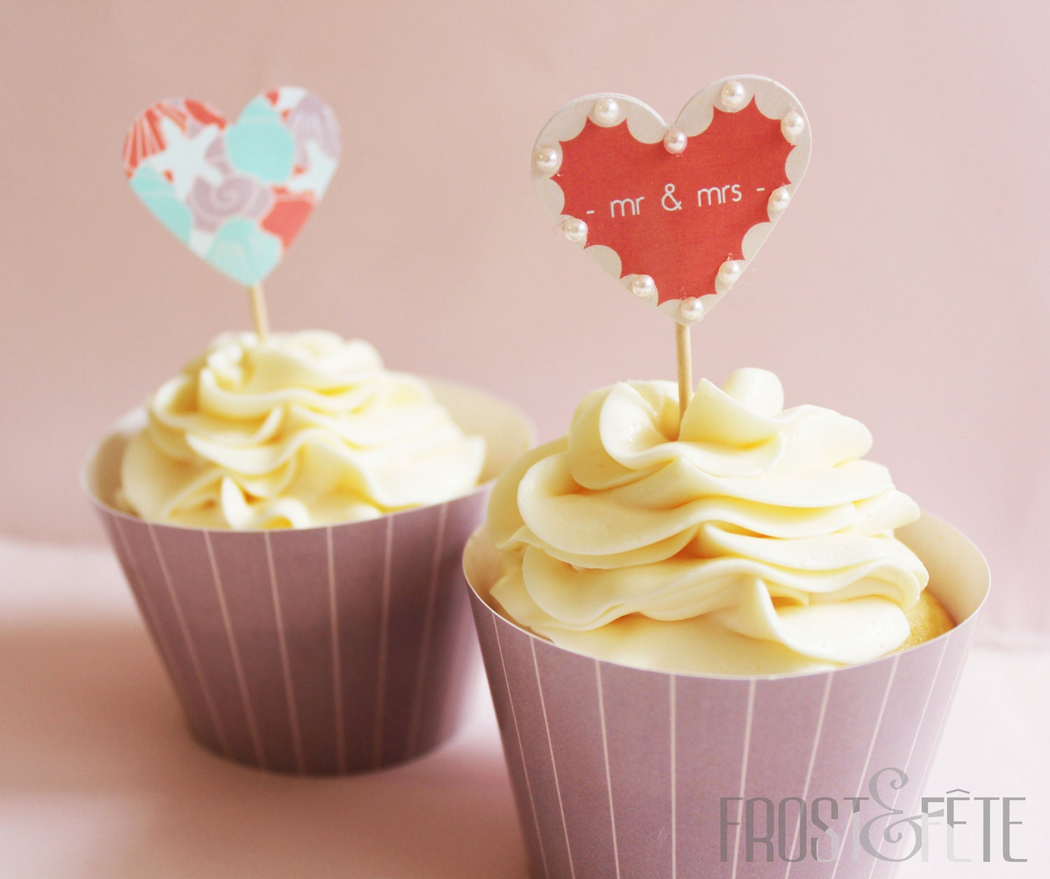 Beach wedding cupcake toppers and wrappers, set of 12