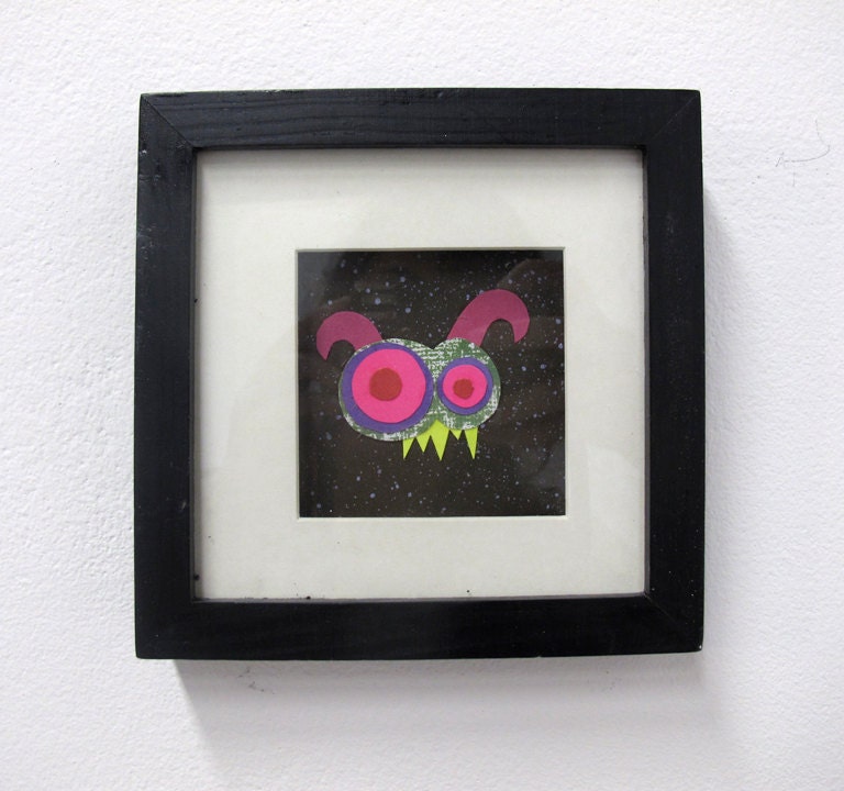 Purple Horned Monster, 6"x6", framed collage