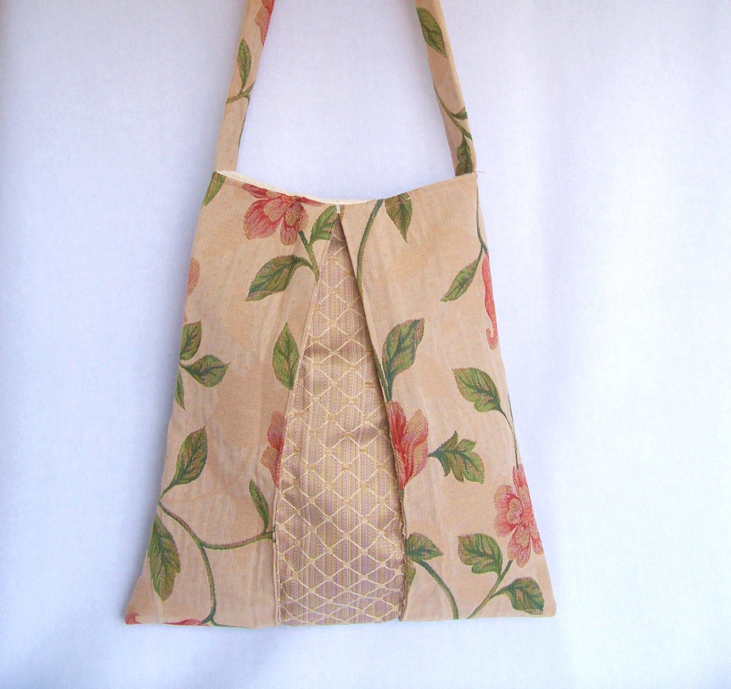 Recycled shoulder bag, cream floral tapestry, Victorian style fabric