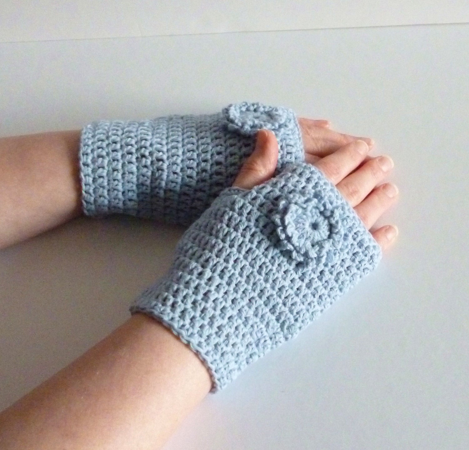 Sky blue crochet wrist warmers fingerless gloves with flower recycled cotton yarn  eco friendly