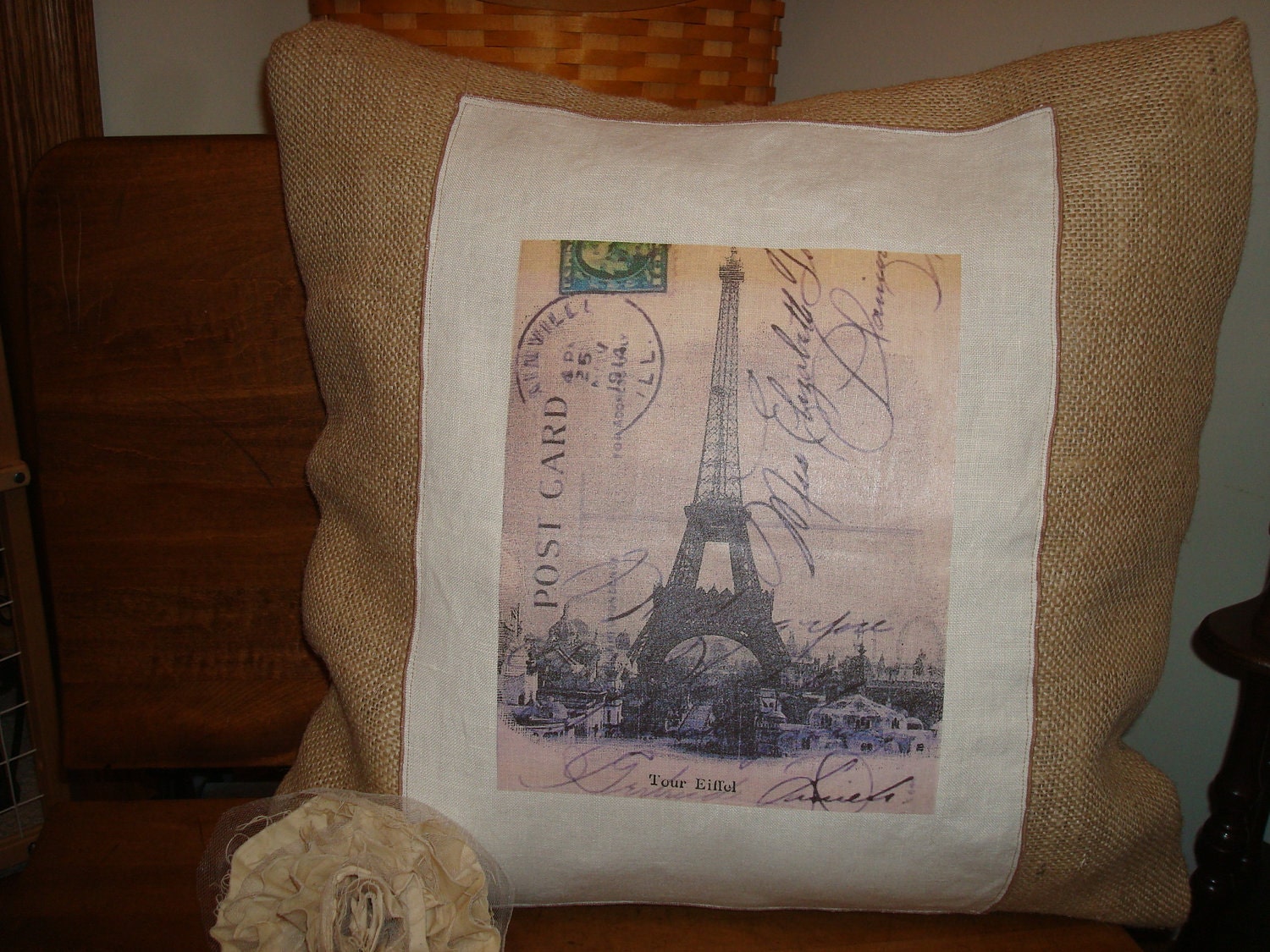 Hand Made Burlap-Jute Pillow With Eiffel Tower-Paris Postcard  Picture On Vintage Linen Napkin