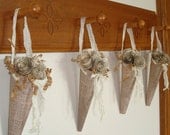 4  Burlap Paper Cones With Vintage Paper Rolled Roses-Seam Binding-Kraft Paper Shred-OOAK--Shabby Chic-French.