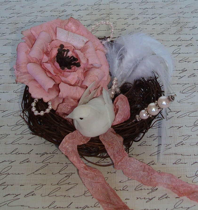 Bird Nest-Pink Paper Rose-White Dove-White Feathers-Pink Pearls-Pink Stick Pin-Pink Seam Binding.