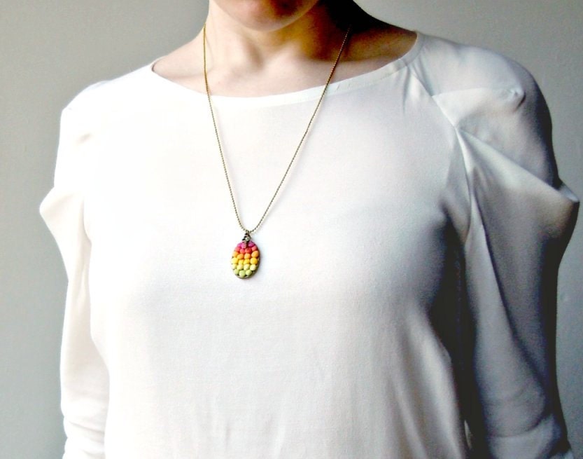 Tropical cameo pendant with key charm - green to mango to bright pink