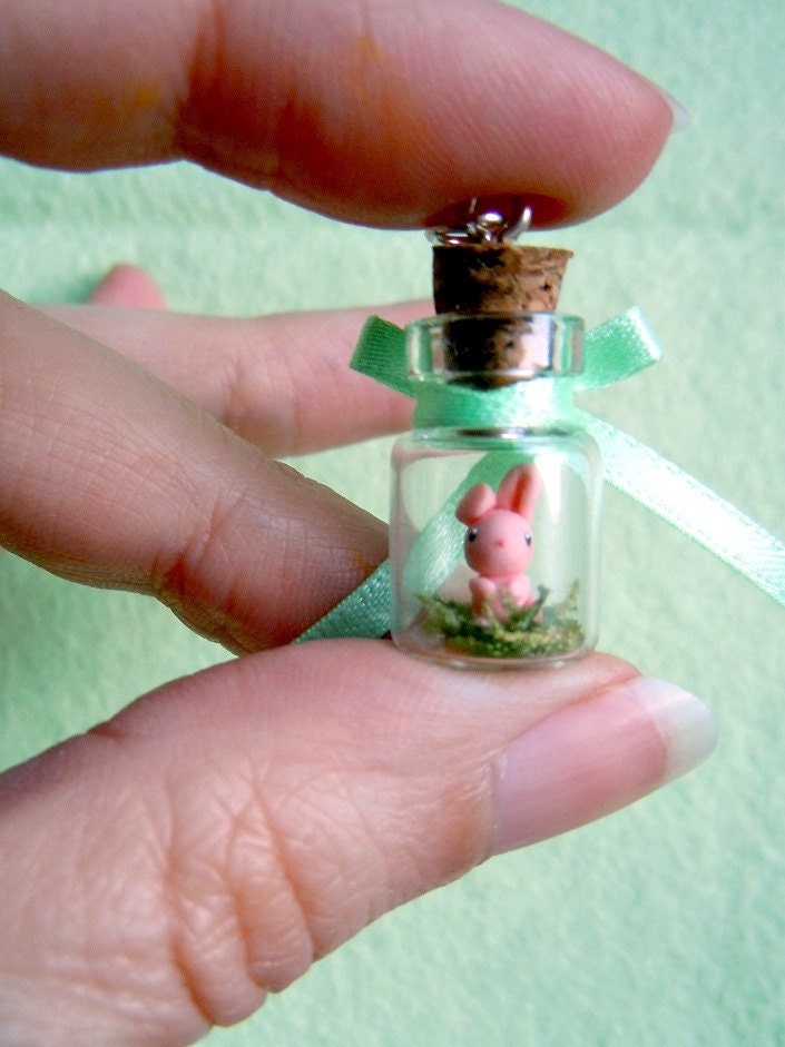 Tiny pink bunny in a bottle - miniature terrerium pendant