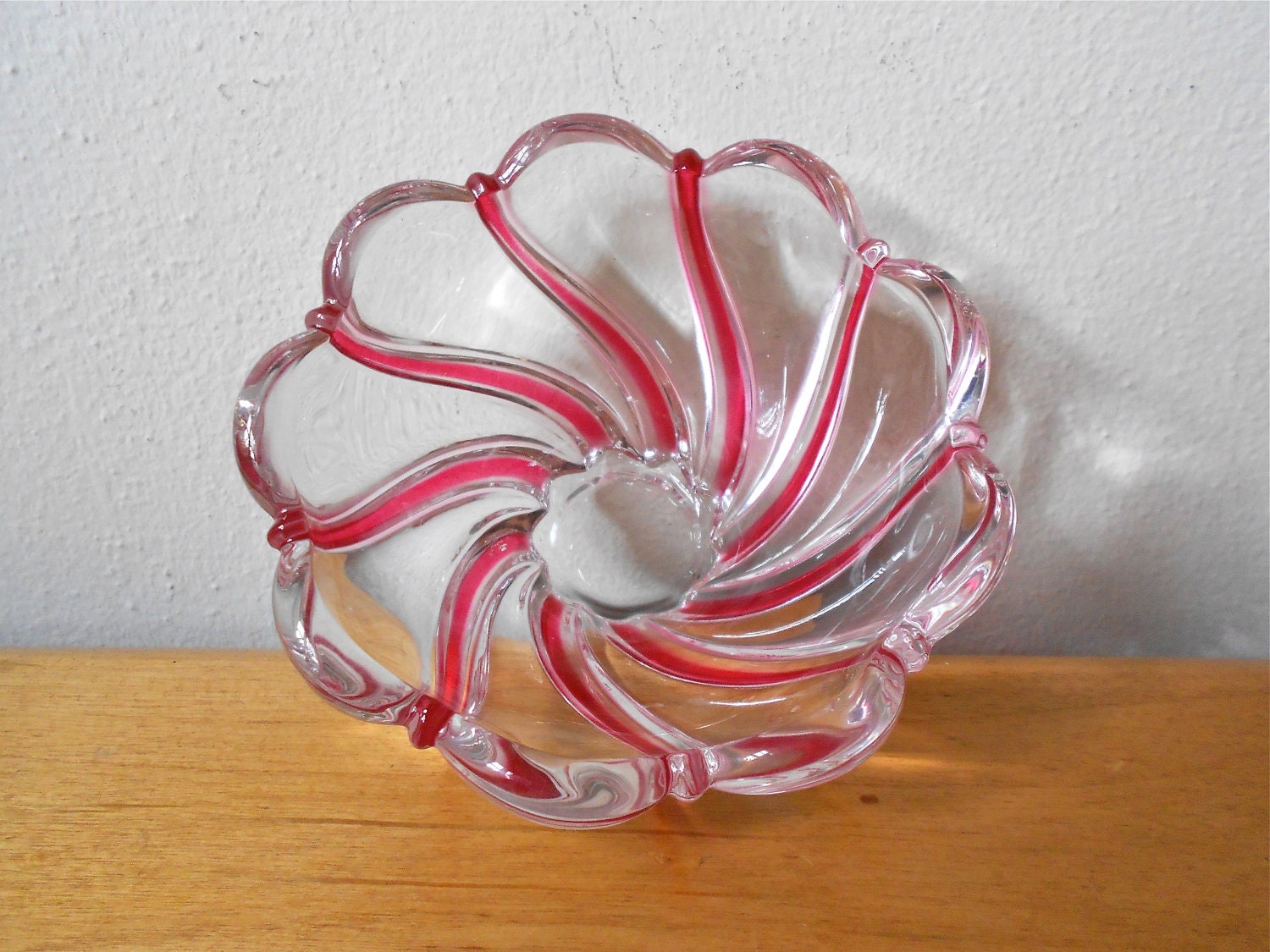 Vintage Mid Century Candy Striped Dish Vase Clear Glass with Pink Stripes