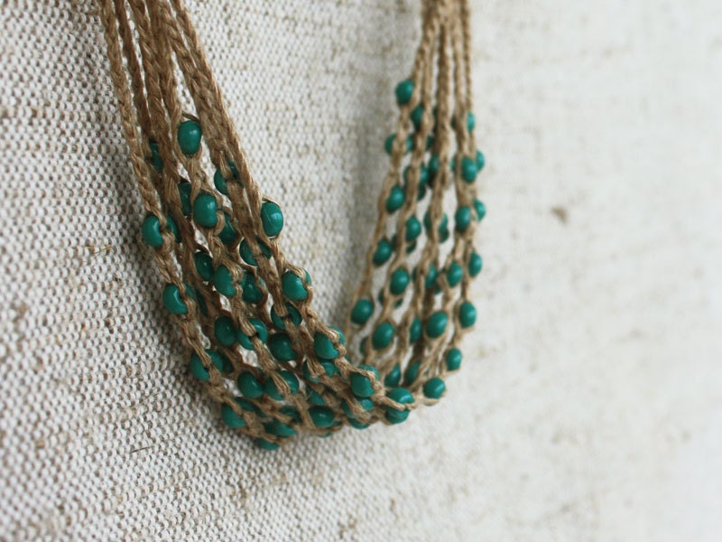 Natural jewelry Green tan necklace Rustic Boho Multi strand crochet beaded linen necklace Gift for her under 25 Spring fashion Free shipping