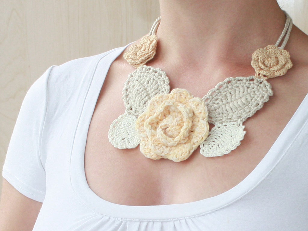 Statement necklace under 50 Bib necklace Boho chic jewelry Pale yellow beige ivory Wedding Crochet freeform Flower Floral Sale