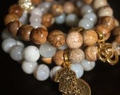 Rose Quartz, Picture Jasper & Striped Sardonyx Semi Precious Gemstone Beaded Bracelets with Gold Pave Rhinestones and Peace Charms-Set of 5