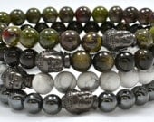 Men's Beaded Buddha Bracelet - Hematite, Howlite, Obsidian, or Bloodstone Semi Precious Gemstones & Black Oxide Buddha - Choose Your Color