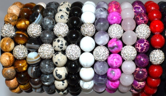 Gemstone and Silver Charm Of Your Choice Semi Precious Gemstone Beaded Bracelet with Silver Pave Rhinestones