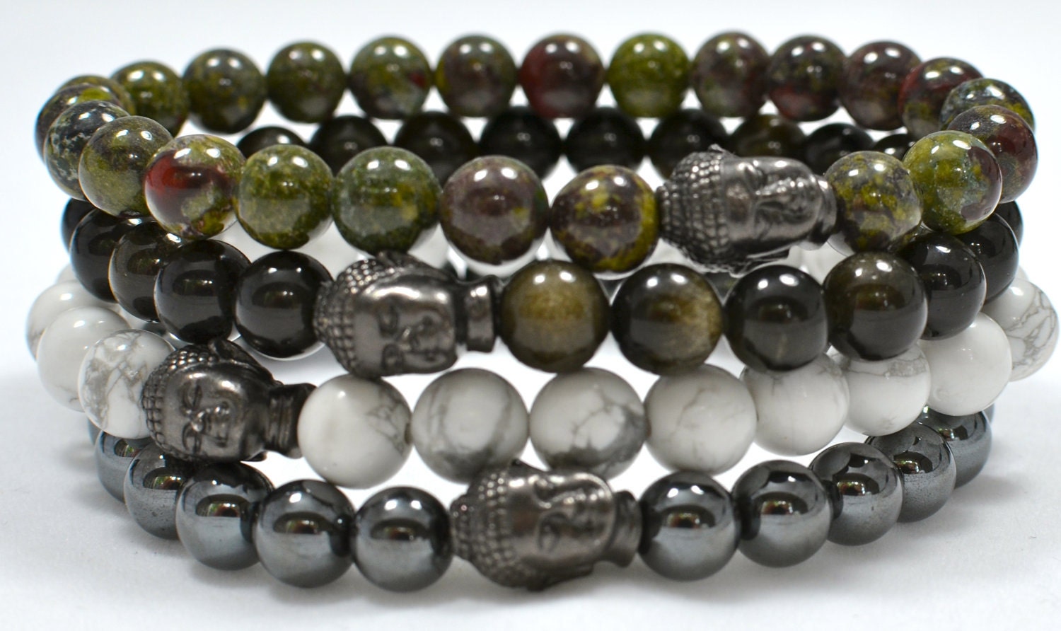Men's Beaded Buddha Bracelet - Hematite, Howlite, Obsidian, or Bloodstone Semi Precious Gemstones & Black Oxide Buddha - Choose Your Color