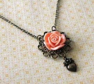 Vintage inspired peach resin flower necklace jewelry with heart charm