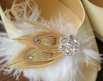 Beige Peacock shoe clips. Champagne Peacock Feathers Shoe Clips with SWAROVSKI Crystals. Bridesmaid Bridal Party,Wedding  -MUST HAVE-