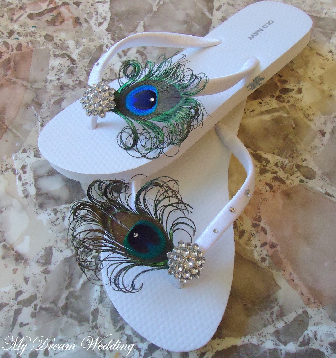 White Peacock Flip flops with Swarovki Crystals. Bridesmaid Bridal Party, made in your wedding colors -TROPICAL WEDDING Collection-
