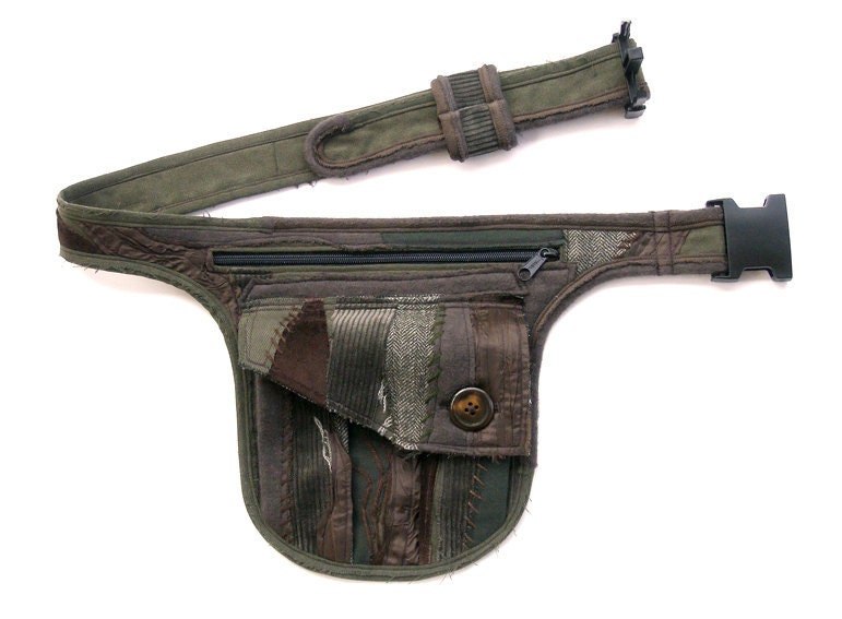 Swamp belt bag, handmade, patchwork, green, brown