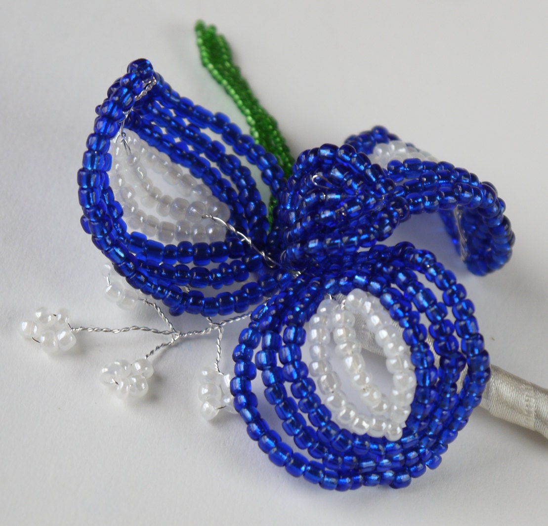 royal blue and ivory iris french beaded flower buttonhole boutonniere corsage lapel pin for groom usher guest made to order