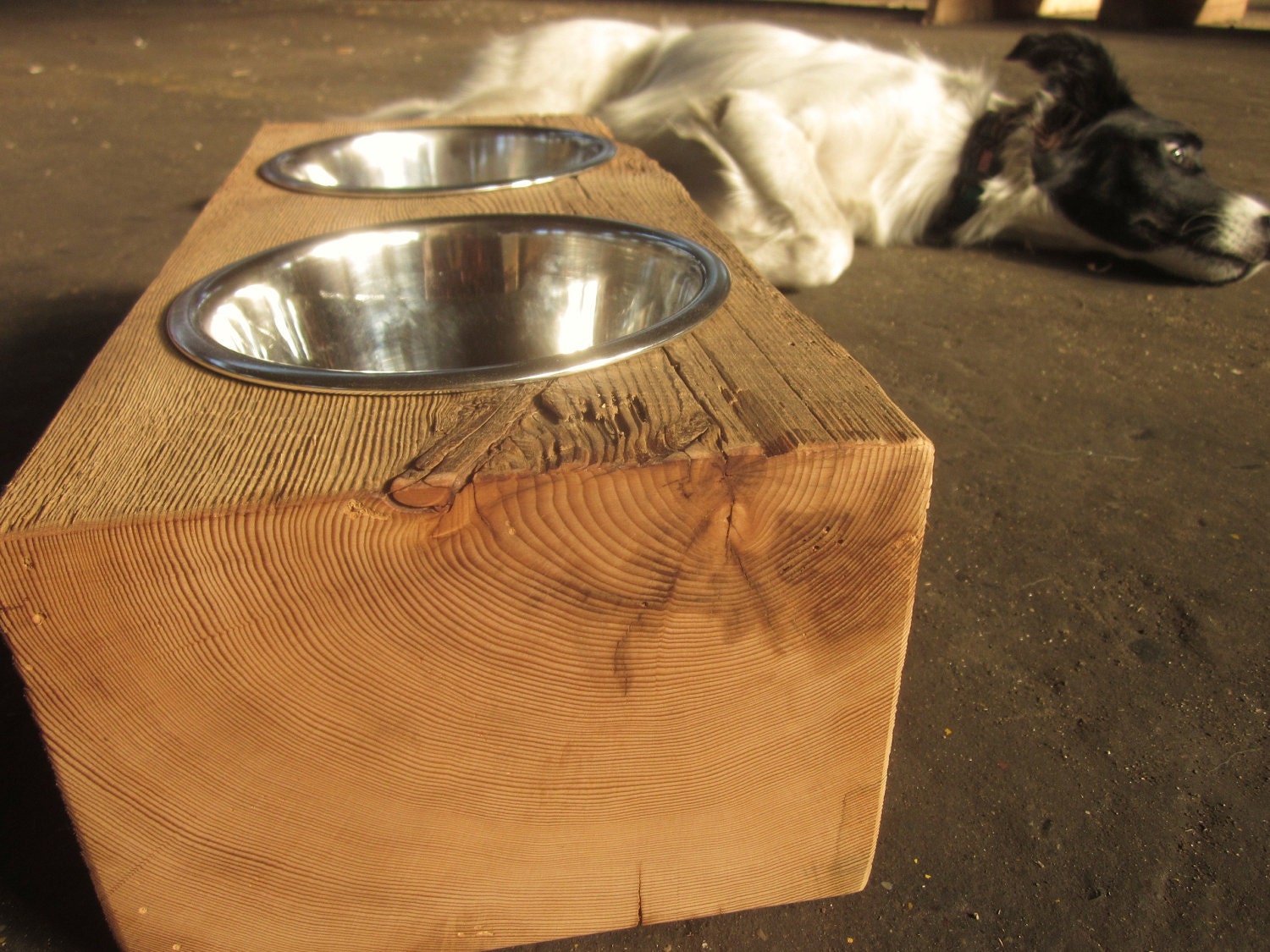 Wood Dog Dish Holder reclaimed hemlock barn beam Reserved for Erin