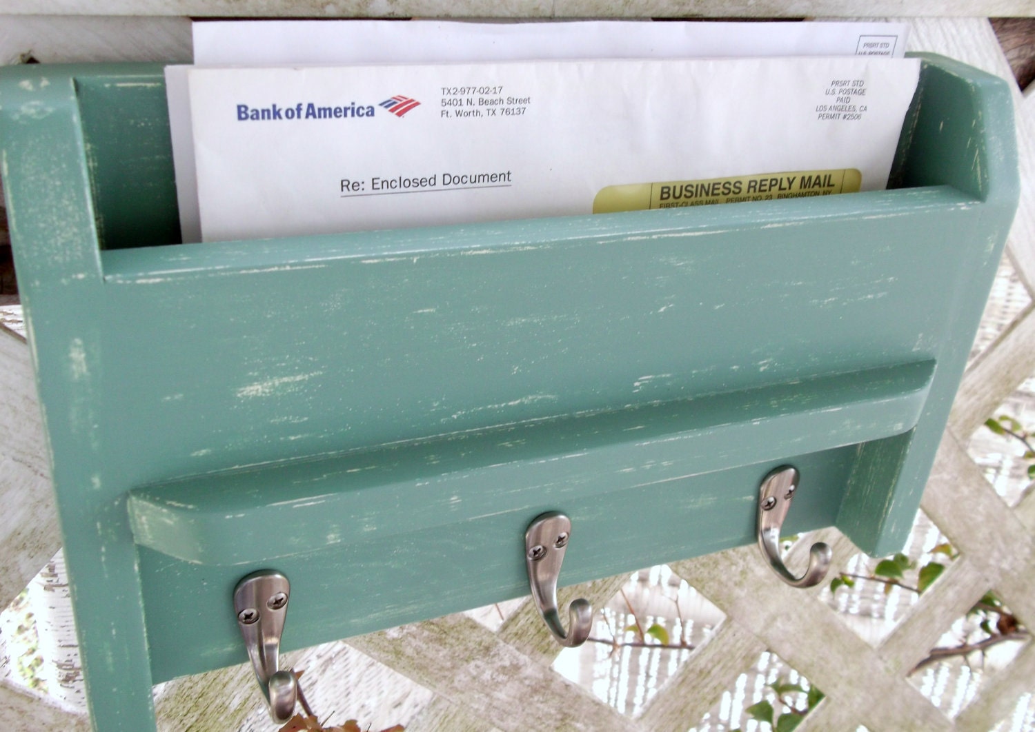 Three Hook Mail and Key Holder.."Jade & Ivory"..or You Choose Color..Shabby Chic Cottage