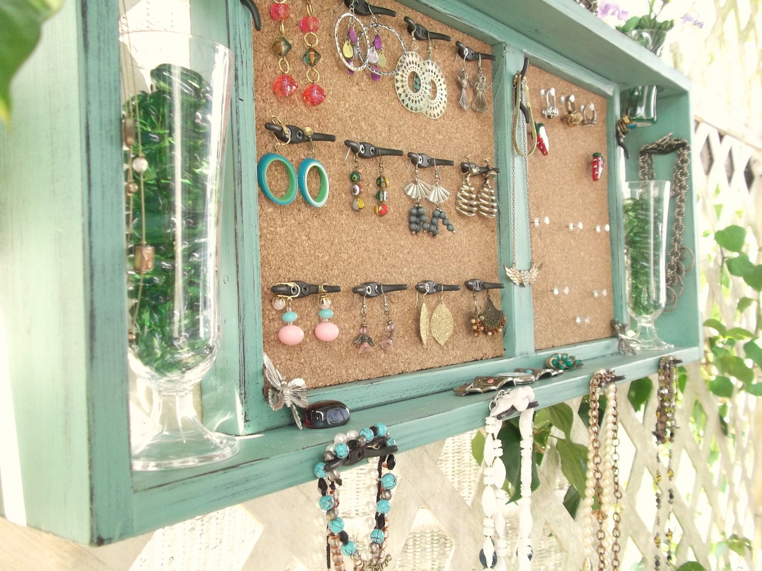 Jewelry Organizer Wall Display Message Board.."JADE & BLACK SATIN"or You Choose Color ..Shabby Chic Beach Cottage...Handmade