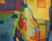 Original collaged paper pear, hand-sewn, hand painted paper