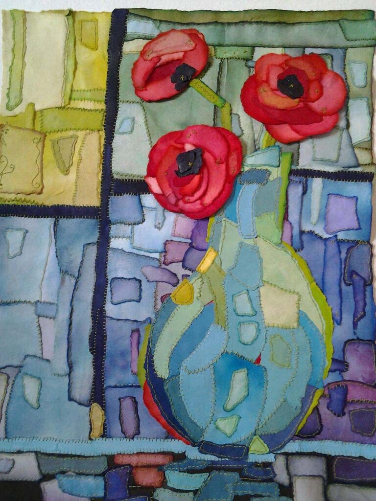Original paper collage, hand-sewn paper, hand painted collage, flower collage