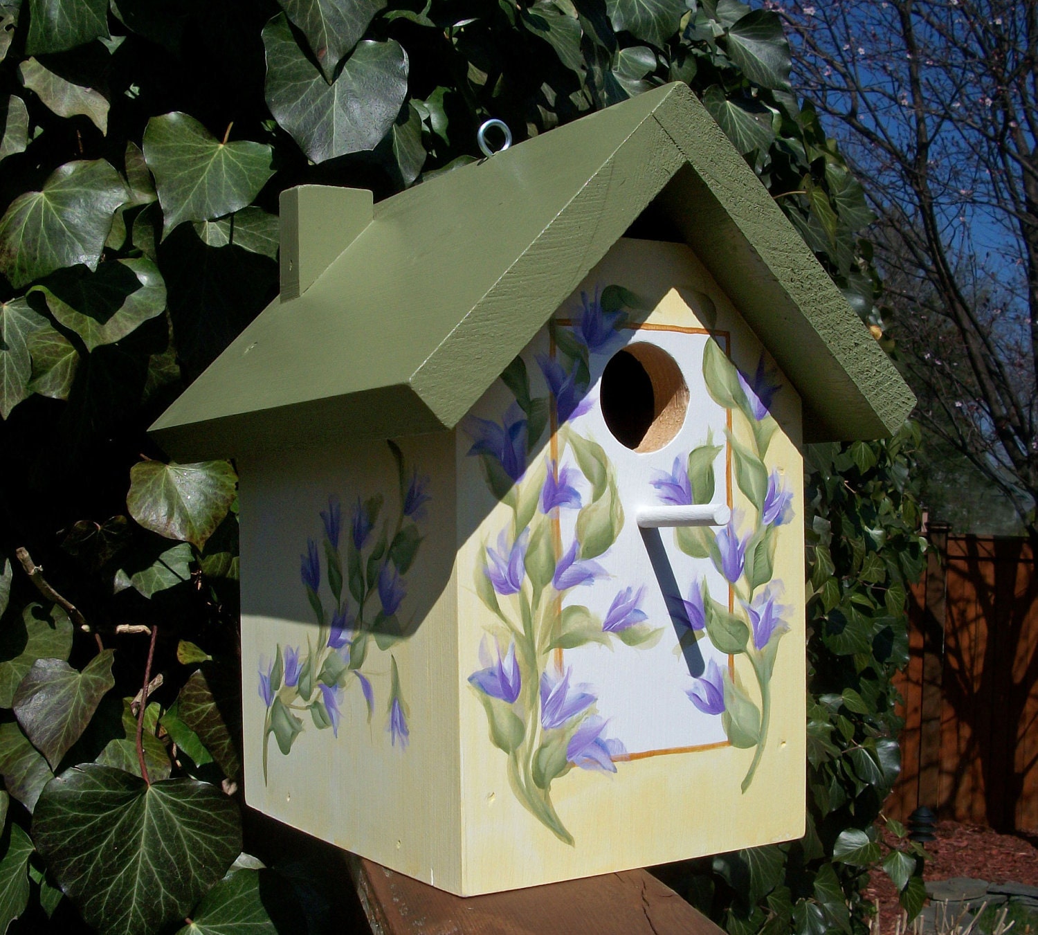 Hand Painted Sage & Pale Yellow Outdoor Birdhouse with Lavender Flower Vine