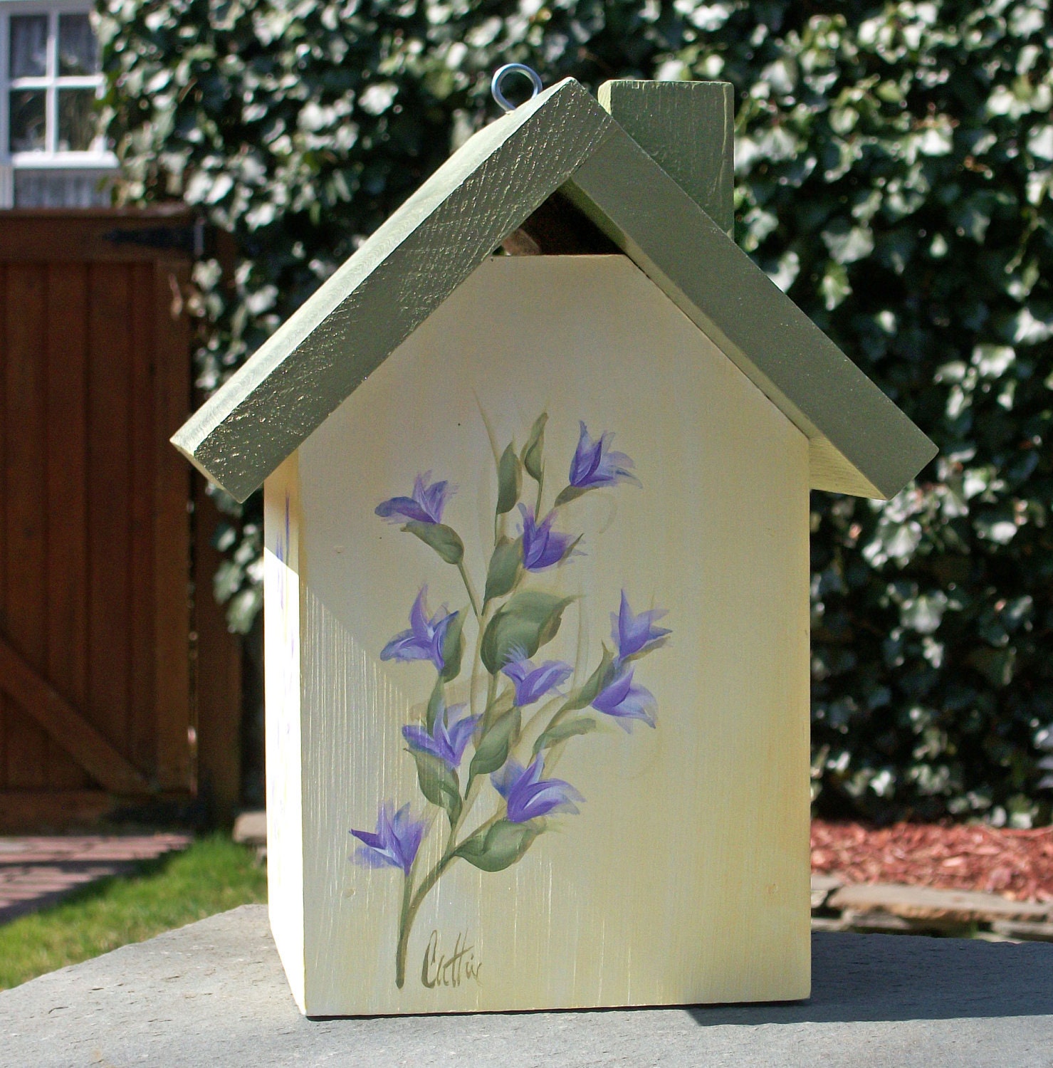 Hand Painted Sage & Pale Yellow Outdoor Birdhouse with Lavender Flower Vine