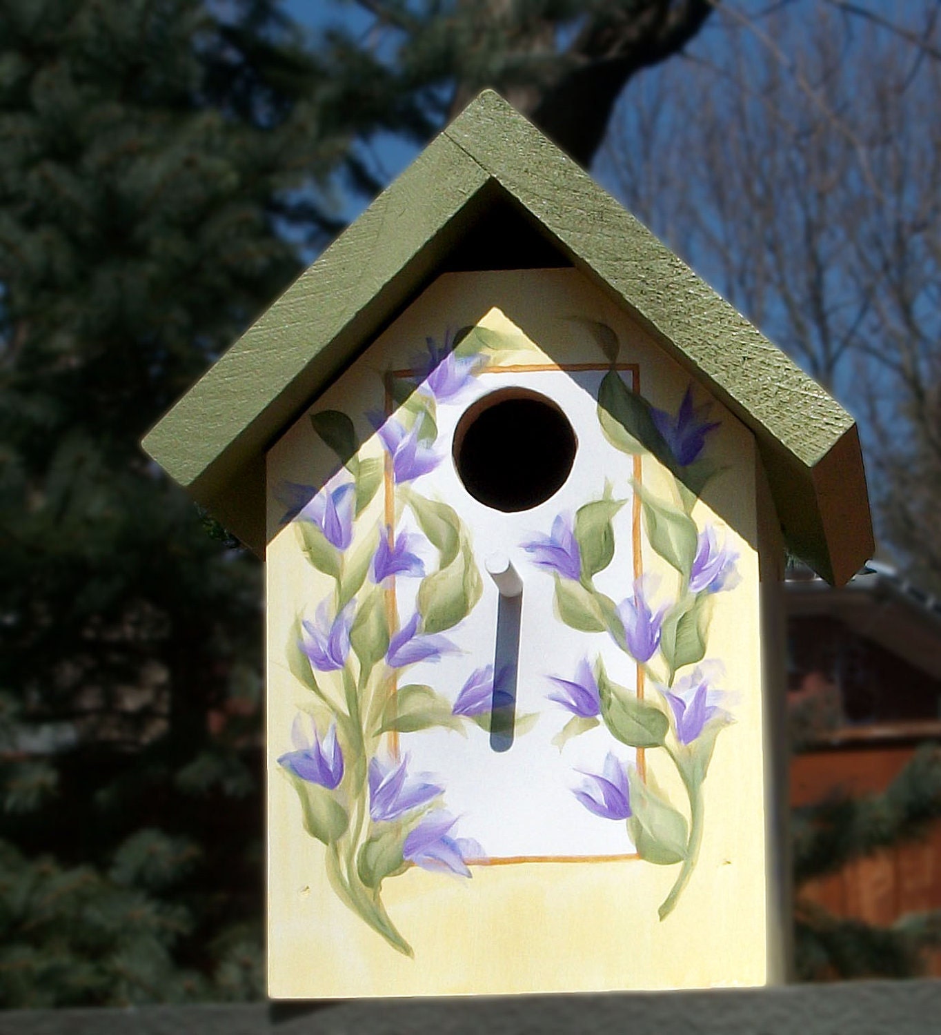 Hand Painted Sage & Pale Yellow Outdoor Birdhouse with Lavender Flower Vine