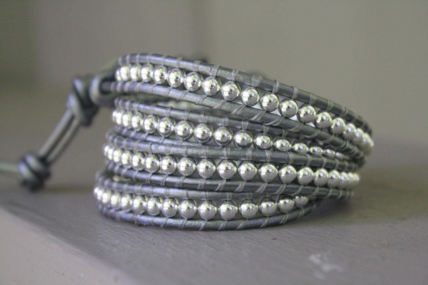 Sterling Silver Four-Wrap Metallic Grey Leather Beaded  Wrap Bracelet, Silver, Chan Luu Style