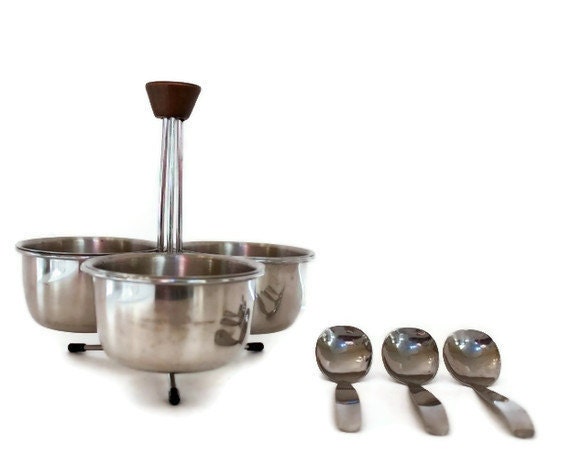 teak and stainless condiment set