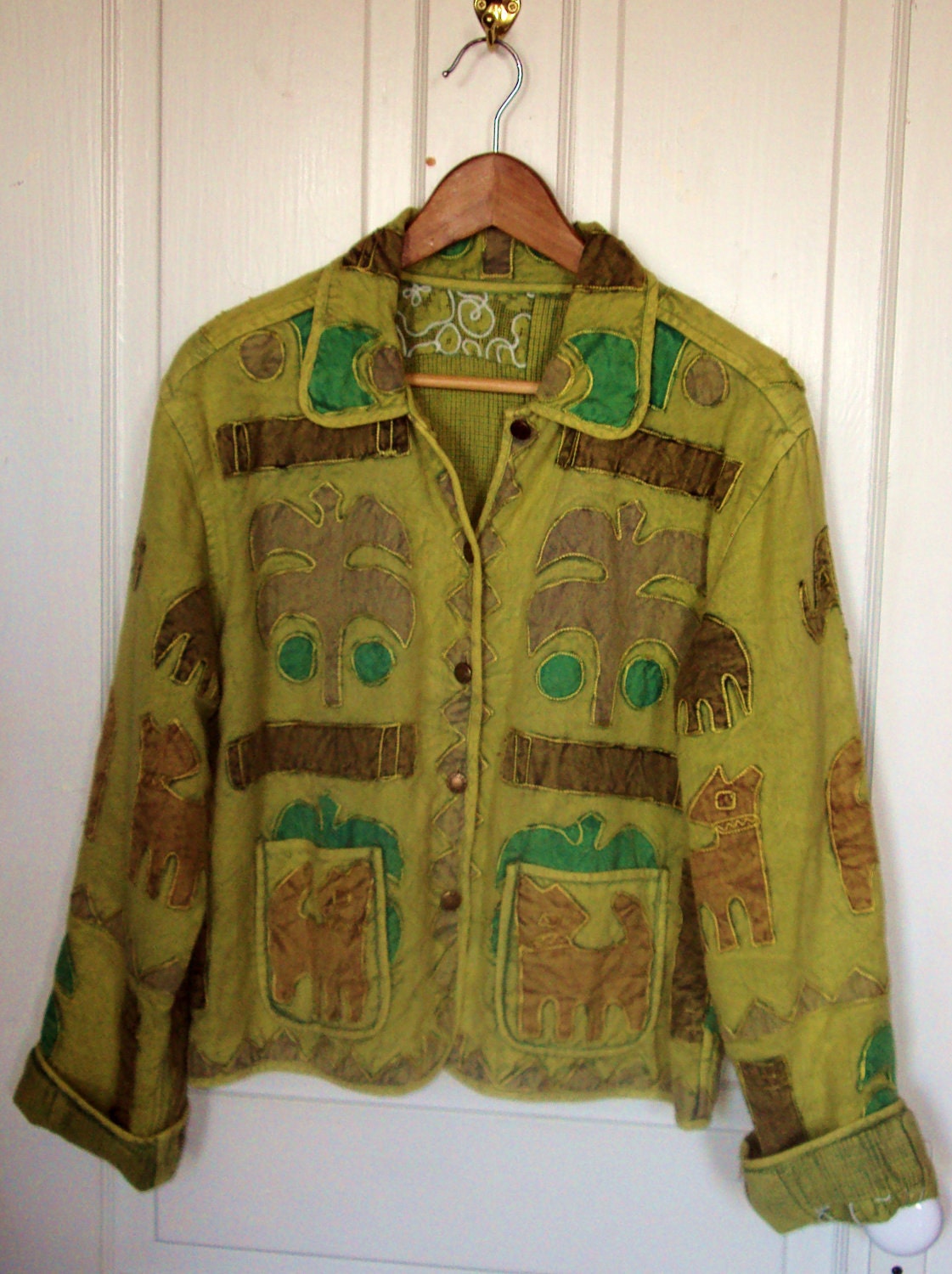 ethnic jacket - patchwork jacket - quilted jacket -  wearable art jacket - oversize jacket - tribal - green - elephant - Anthropologie style