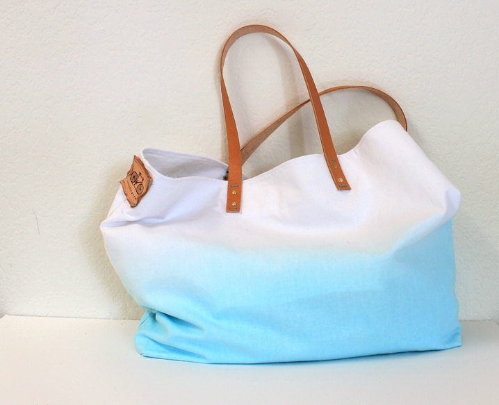 TOTE BAG...Aquamarine (with leather strap)....super extra-large size - beach bag size (featured on Etsy front page)