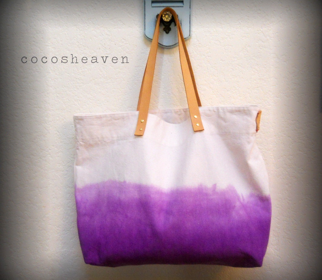 CANVAS TOTE BAG..purple (with leather strap)....medium size